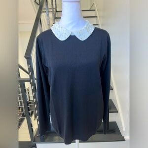 Black sweater with ivory beaded pearls collar- NWT